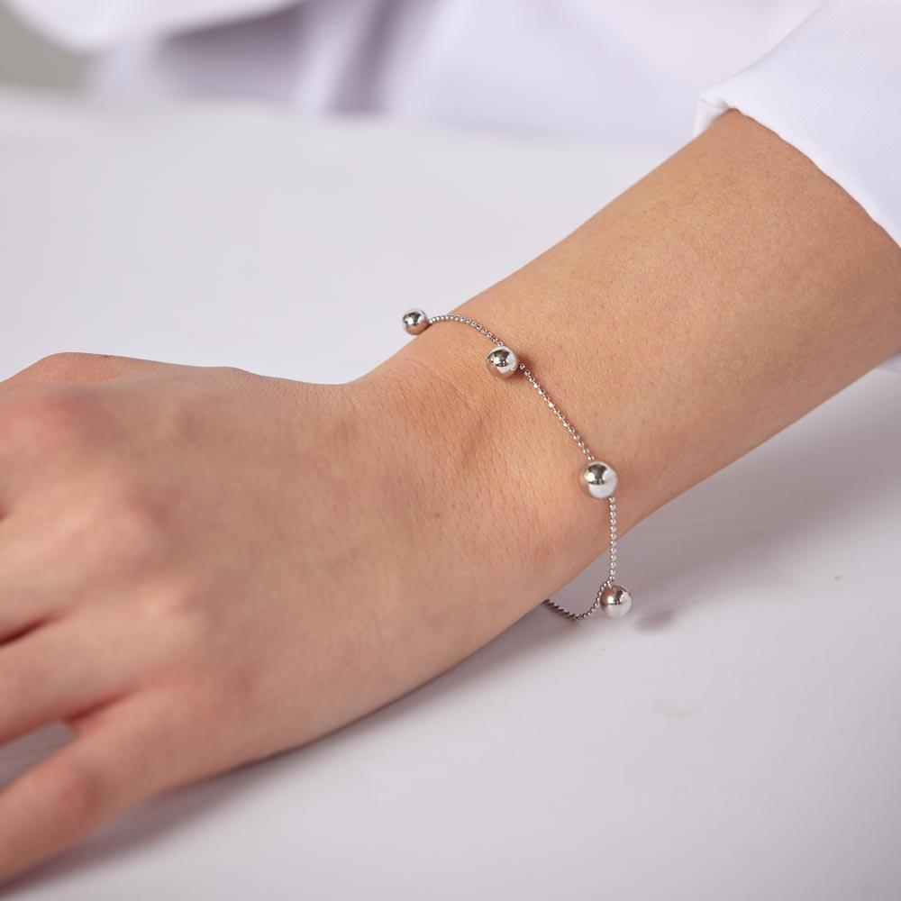 Rhodium Plated 925 Sterling Silver 5 Bead Charm Bead Link Chain Bracelet - ITB00315-RH