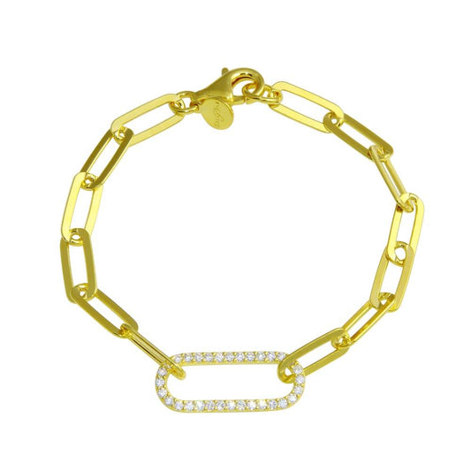 Silver 925 Gold Plated Paperclip CZ Chain Bracelet - ITB00324-GP | Silver Palace Inc.