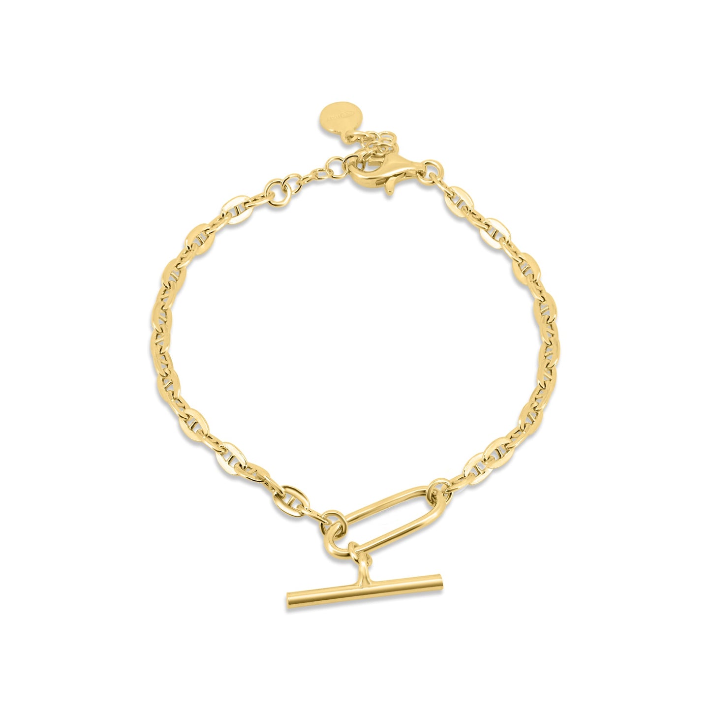 Gold Plated 925 Sterling Silver Flat Marina Paperclip Bar Adjustable Bracelet - ITB00340-GP