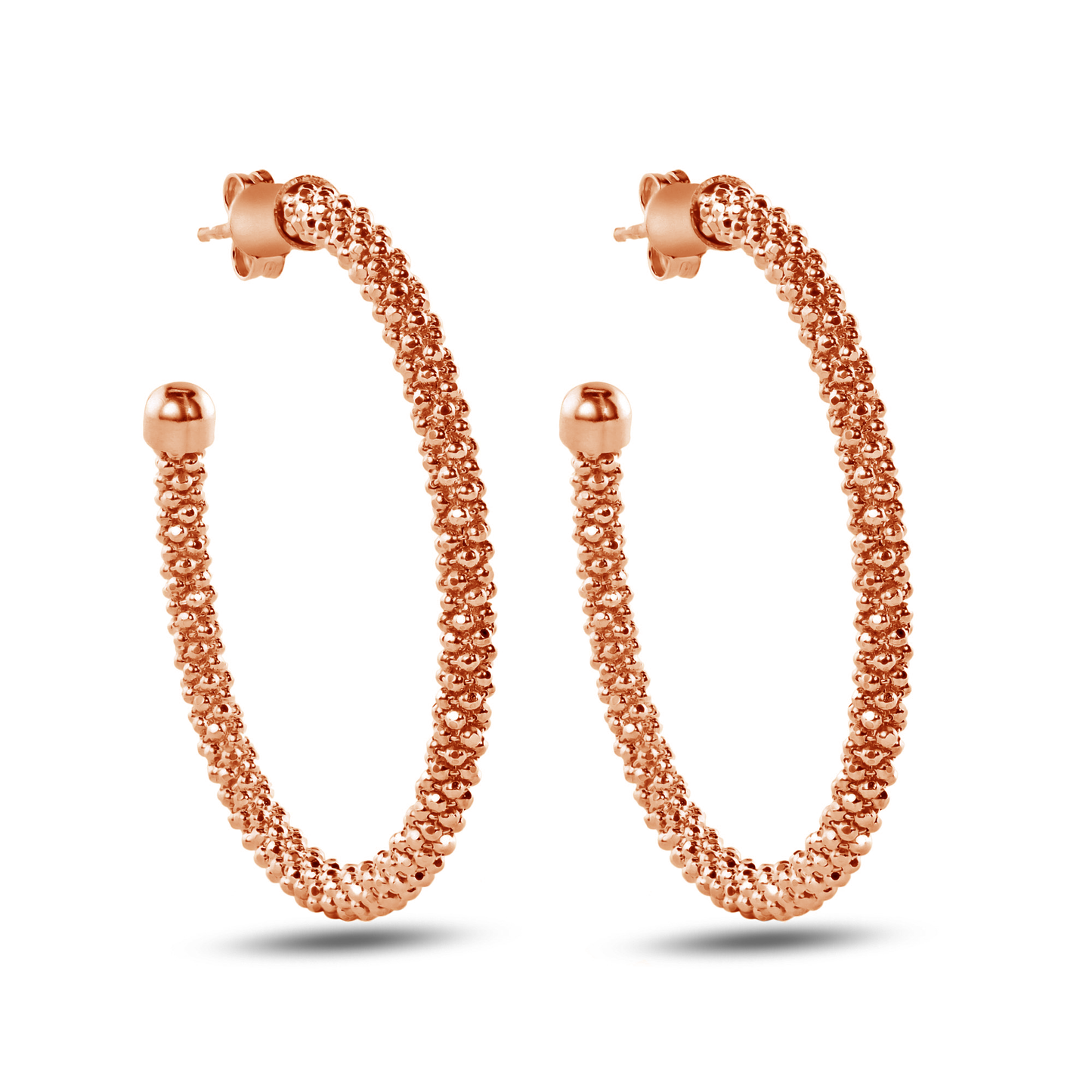 Closeout- Sterling Rose Gold Plated 925 Sterling Silver Beaded Semi Hoop Earrings - ITE00045RGP