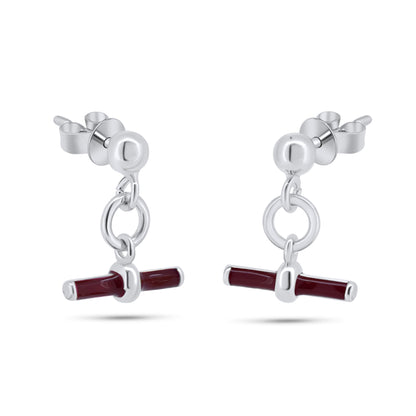 Rhodium Plated 925 Sterling Silver Dangling Red Enamel Bar Stud Earrings - ITE00097-RH