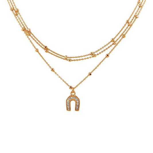 Silver 925 Rose Gold Plated Multi Chain DC Beaded Horse Shoe Charm Choker Necklace - ITN00126RGP | Silver Palace Inc.