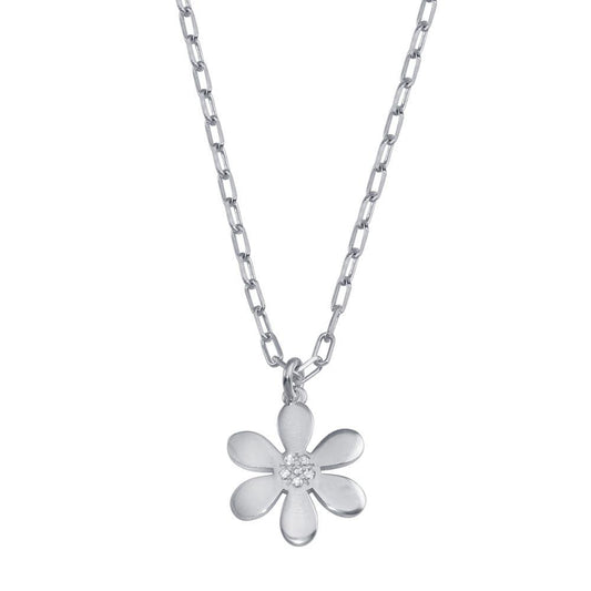 Rhodium Plated 925 Sterling Silver Paperclip Chain Flower CZ Necklace - ITN00154-RH | Silver Palace Inc.