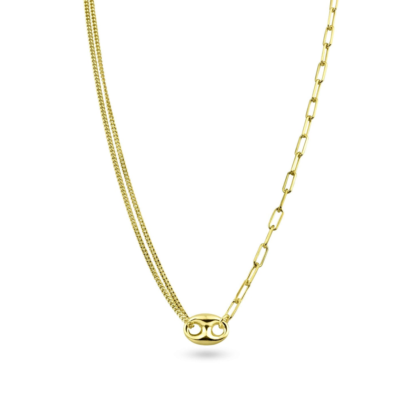 Silver 925 Gold Plated Puffed Mariner Double Strand Curb and Single Paperclip Adjustable Link Necklace - ITN00157-GP | Silver Palace Inc.