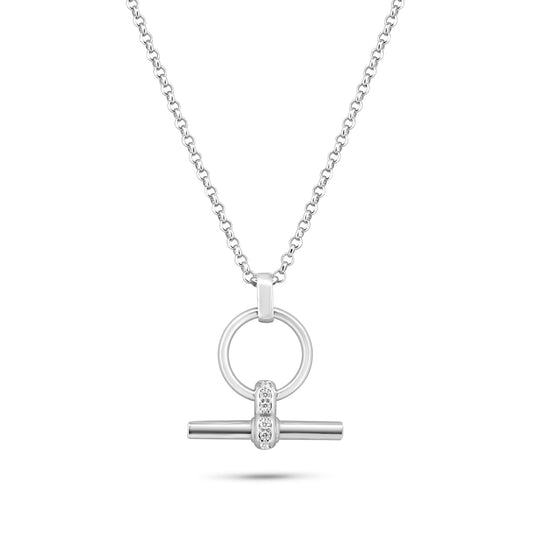 Rhodium Plated 925 Sterling Silver Rolo Adjustable Clear CZ Toggle Charm Bar Necklace - ITN00166-RH