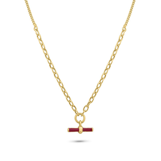 Gold Plated 925 Sterling Silver Curb Rolo Adjustable Enamel Red Bar Necklace - ITN00168-GP