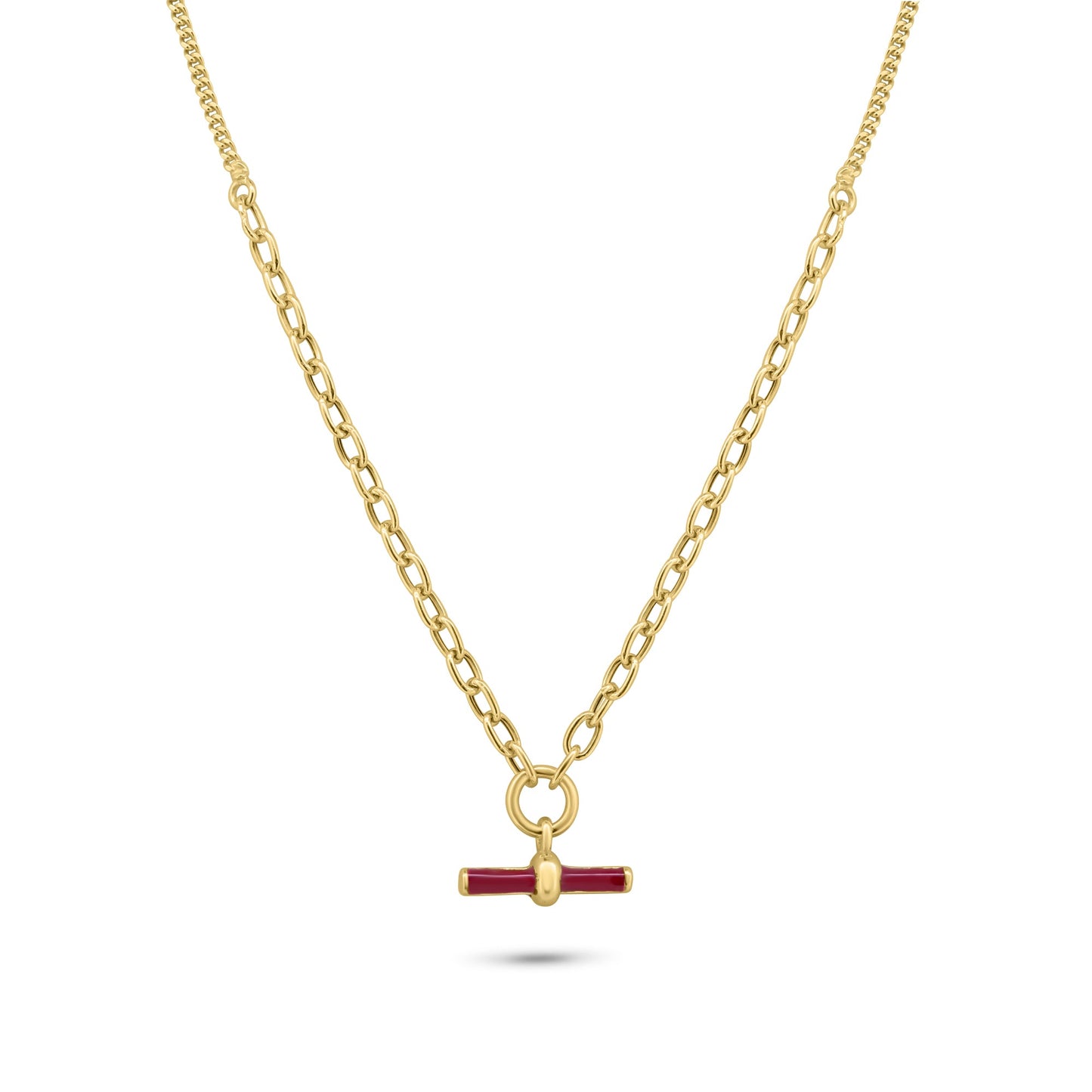 Gold Plated 925 Sterling Silver Curb Rolo Adjustable Enamel Red Bar Necklace - ITN00168-GP