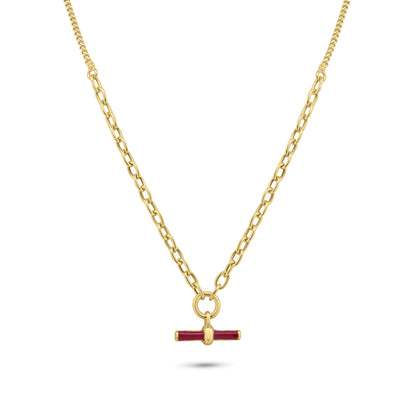 Gold Plated 925 Sterling Silver Curb Rolo Adjustable Enamel Red Bar Necklace - ITN00168-GP