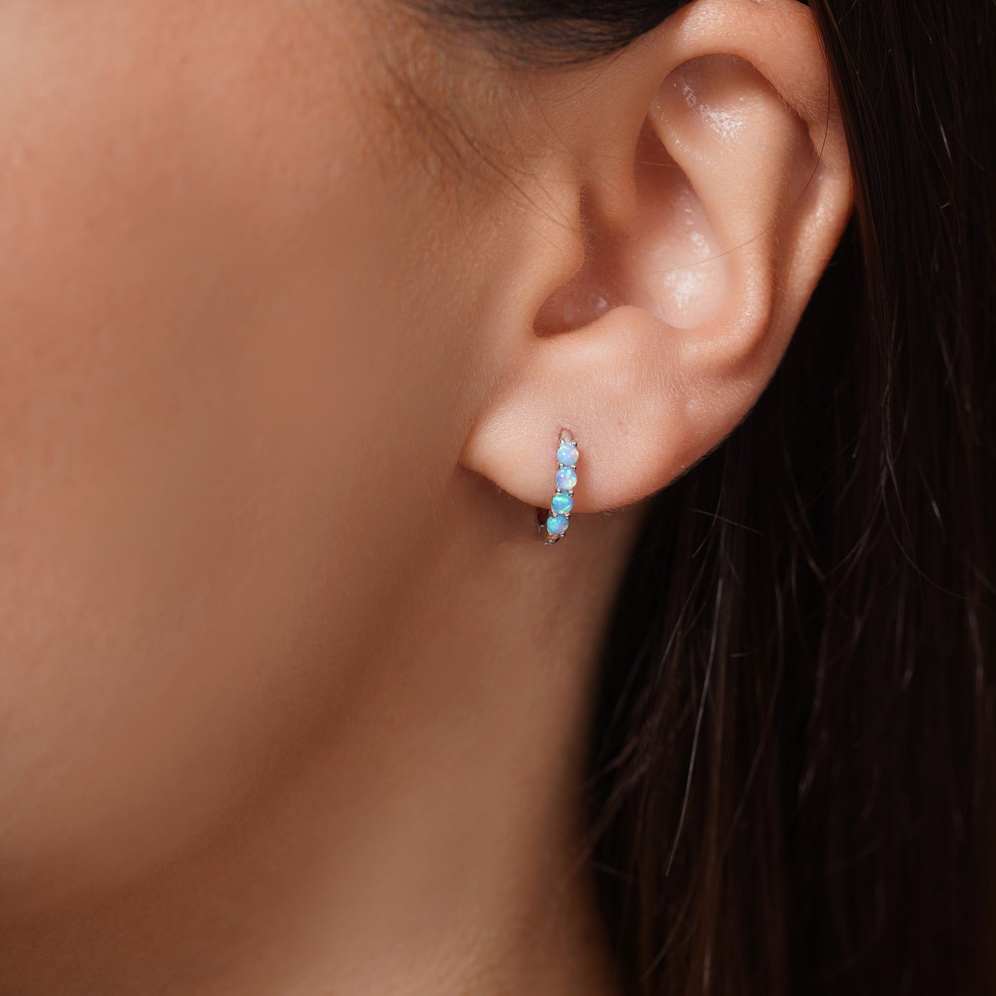 Sterling Silver Rhodium Plated Sythetic Blue Opal Hoop Earring - JTE00002