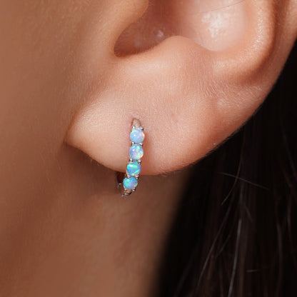 Sterling Silver Rhodium Plated Sythetic Blue Opal Hoop Earring - JTE00002