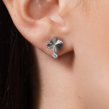 Sterling Silver Rhodium Plated Diamond Cut Clover Clear CZ Stud Earring - JTE00003