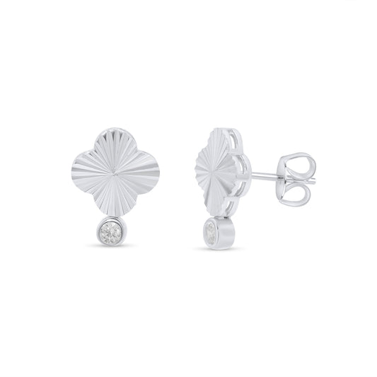 Sterling Silver Rhodium Plated Diamond Cut Clover Clear CZ Stud Earring - JTE00003