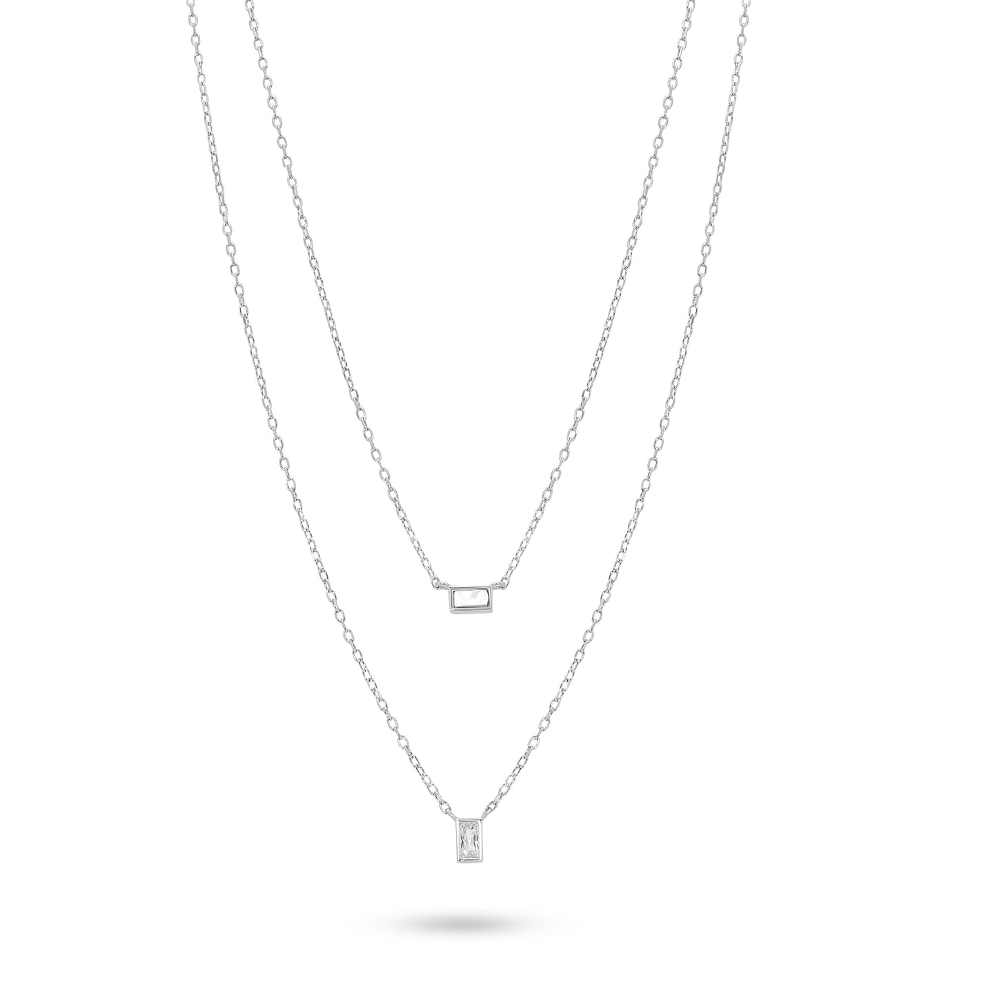 Rhodium Plated 925 Sterling Silver Layered Double Strand Baguette CZ Charm Adjustable Necklace - JTN00001