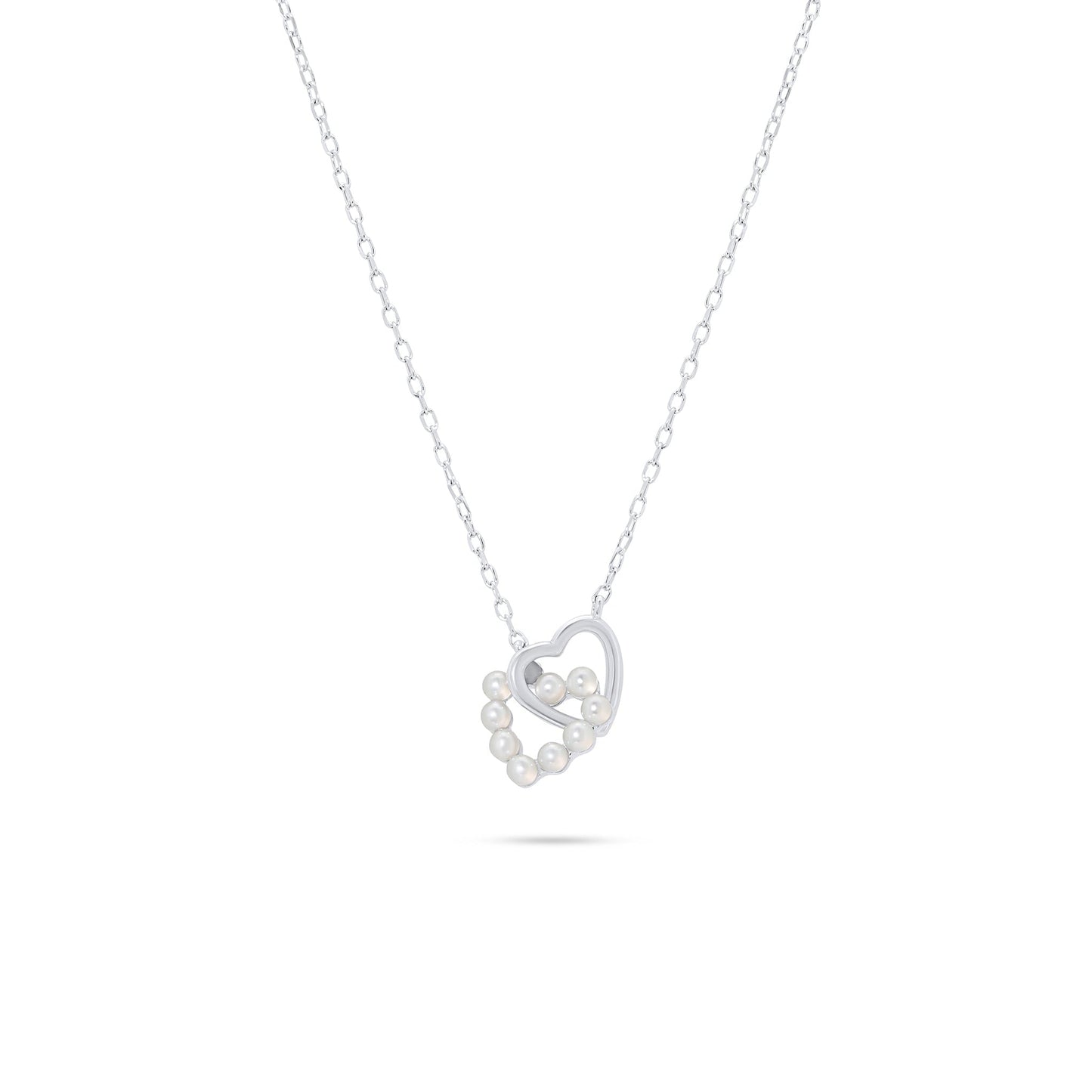Rhodium Plated 925 Sterling Silver Intertwined Synthetic Pearl Heart Adjustable Necklace - JTN00002