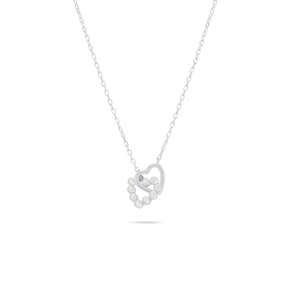 Rhodium Plated 925 Sterling Silver Intertwined Synthetic Pearl Heart Adjustable Necklace - JTN00002