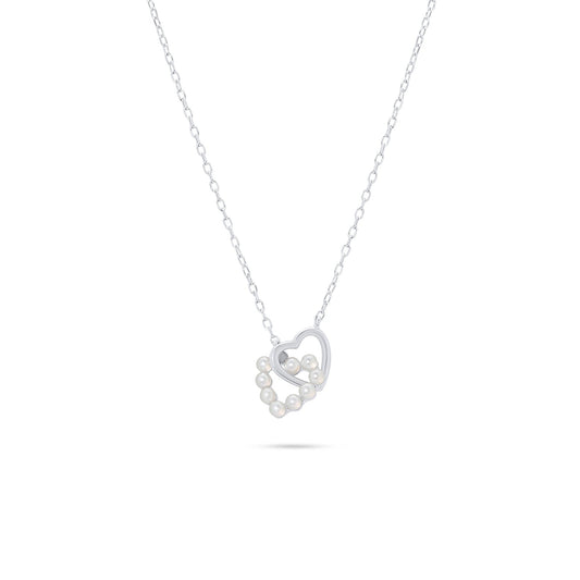 Rhodium Plated 925 Sterling Silver Intertwined Synthetic Pearl Heart Adjustable Necklace - JTN00002