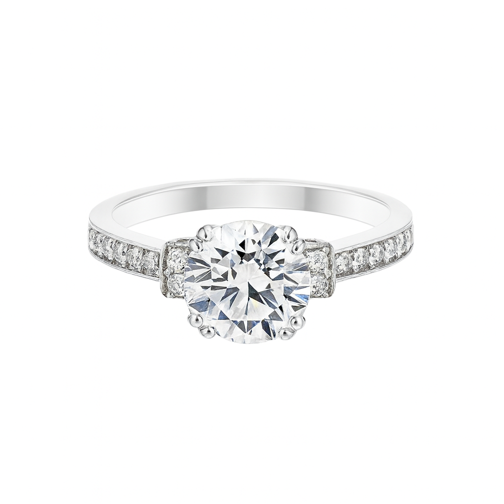 Rhodium Plated 925 Sterling Silver 7mm Round Lab Grown Diamond Pave Side Stones Engagement Ring - LGMR00004