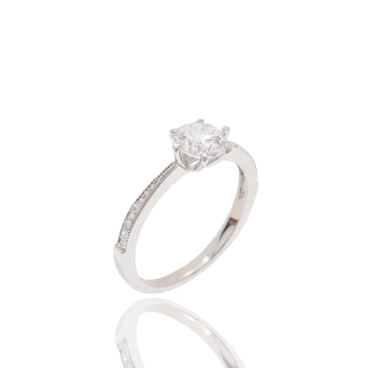 Rhodium Plated 925 Sterling Silver 6mm Round Lab Grown Diamond Pave Side Stones on Cathedral Style Engagement Ring - LGMR00008