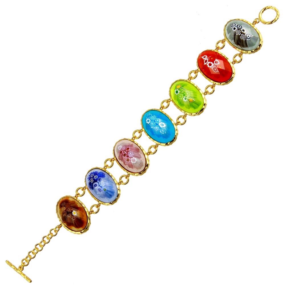 Sterling Silver 925 Gold Plated Oval Multi Color Murano Glass Link Bracelet - MB00003 | Silver Palace Inc.