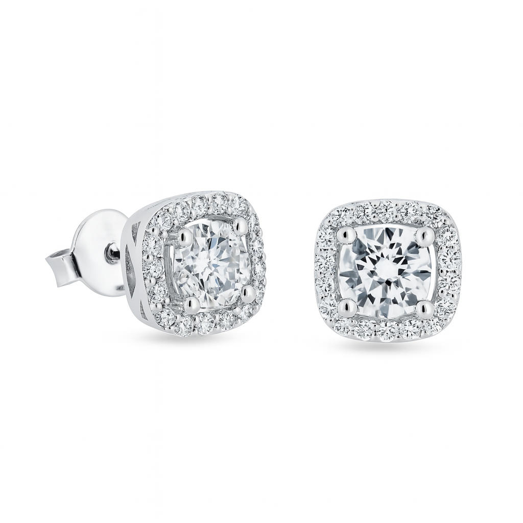 925 Sterling Silver Moissanite 8mm Halo Push Back Earring - MBGE00006