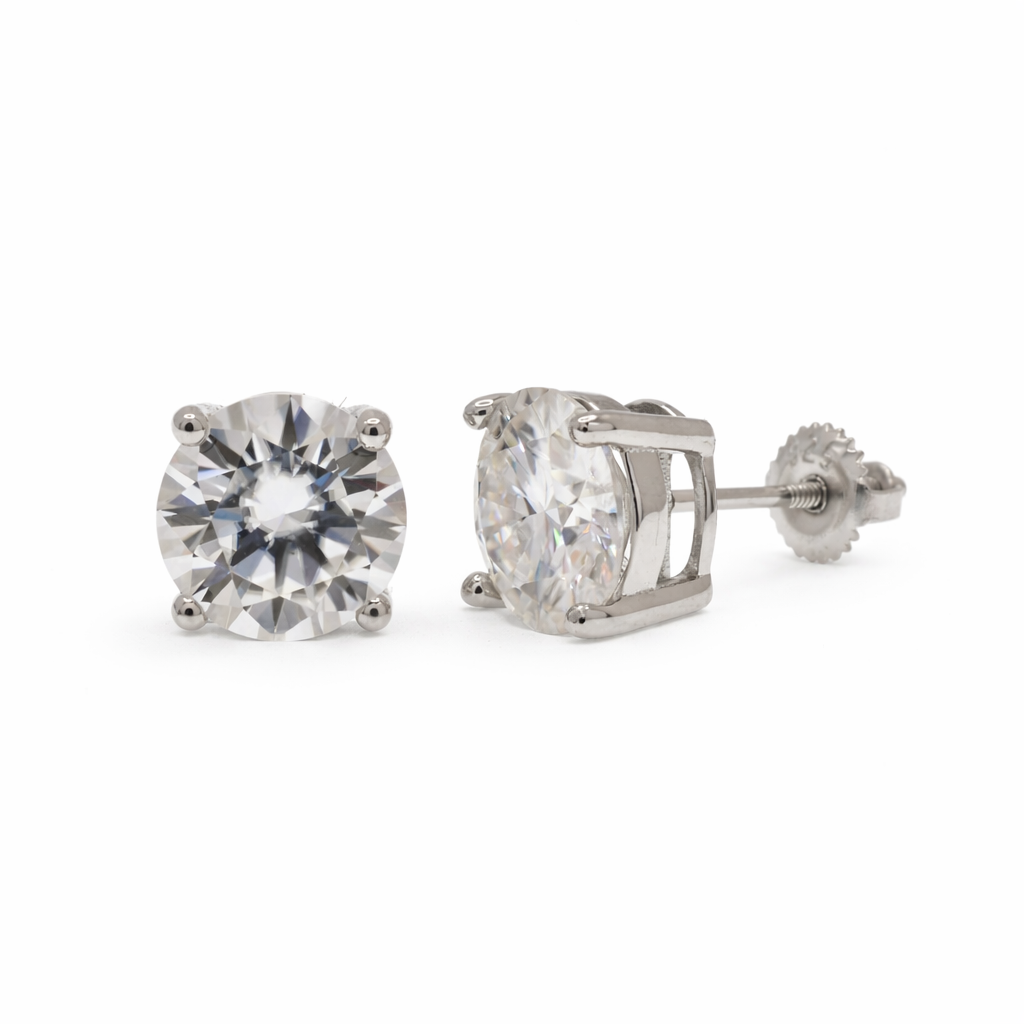 Rhodium Plated 925 Sterling Silver Round Moissanite Screw Back Earring - MBGE00007