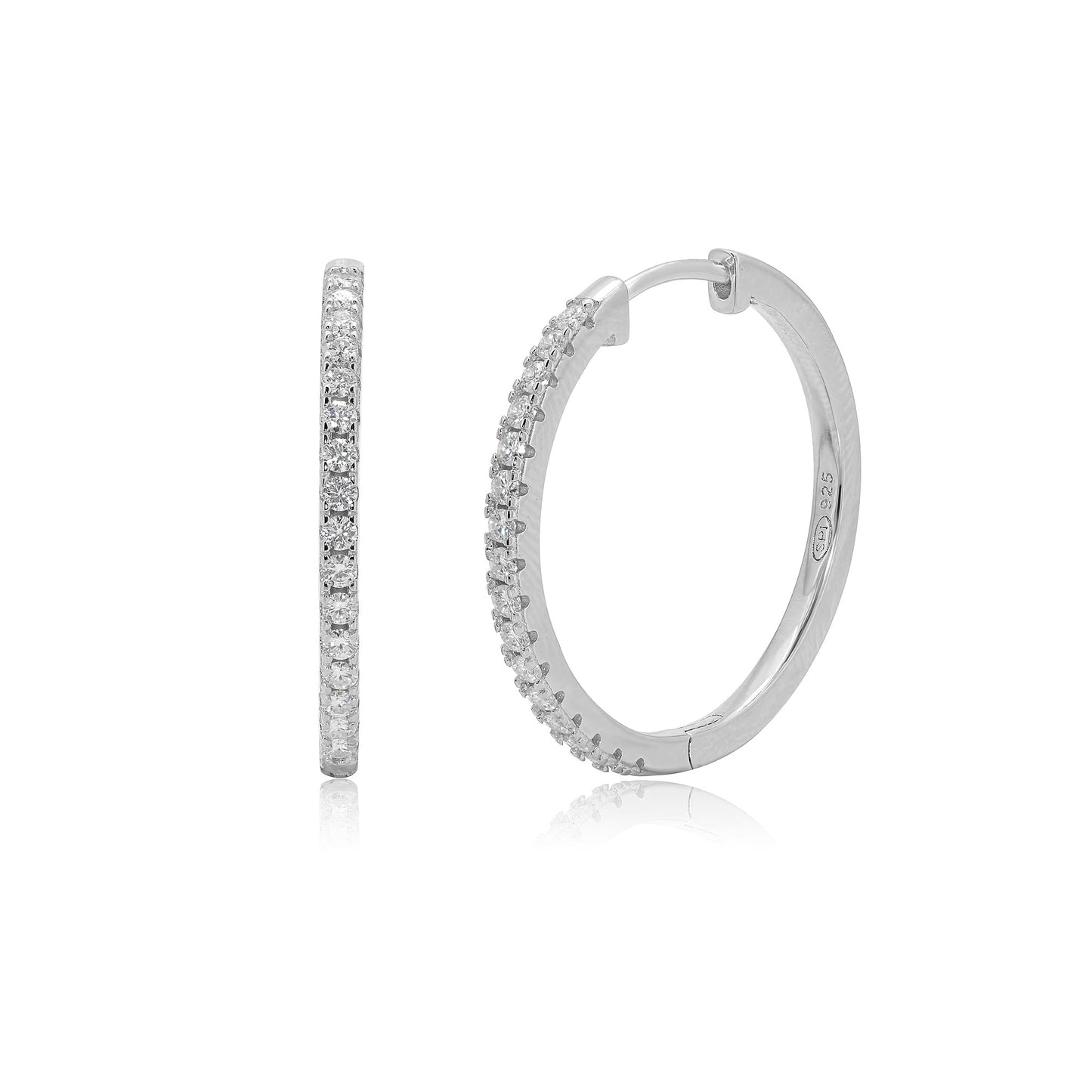 Rhodium Plated 925 Sterling Silver Round Moissanite Studded 20mm Hoop Earring - MDGE00003