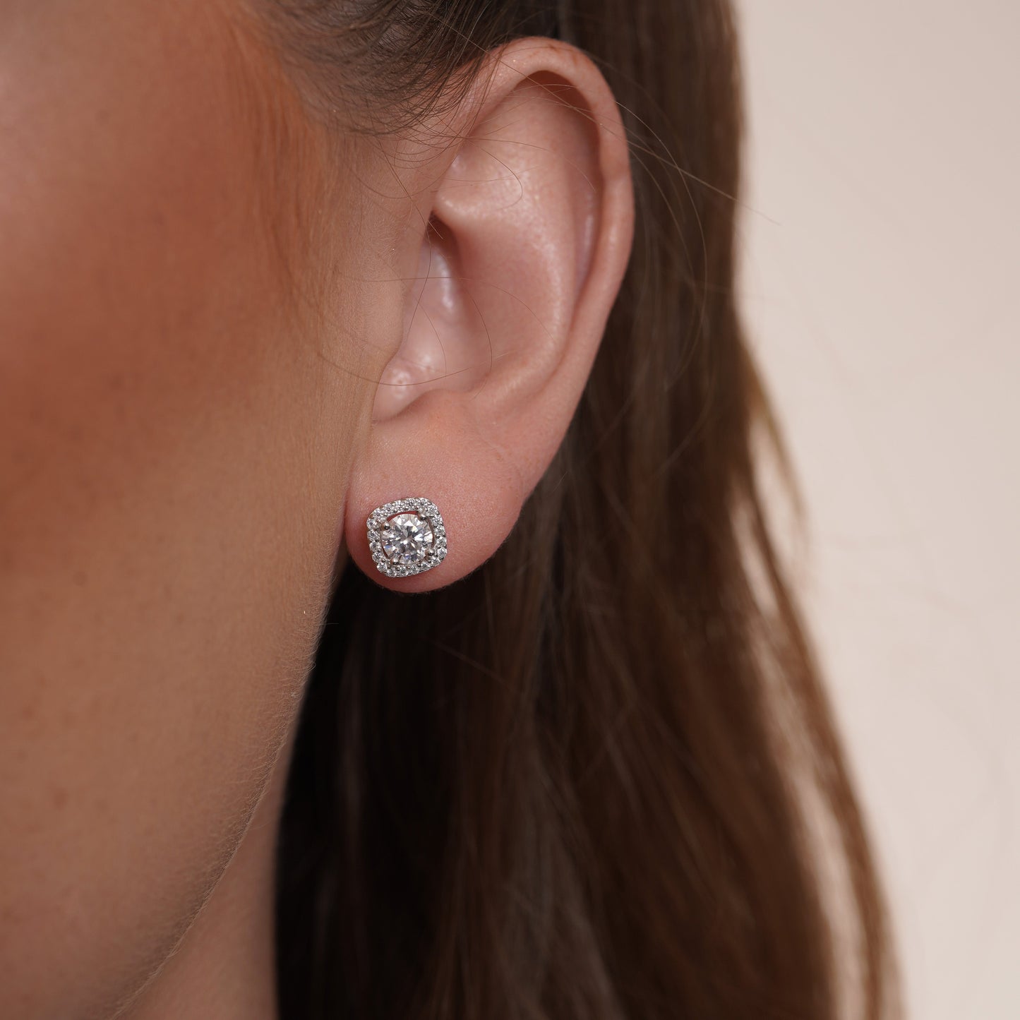 Rhodium Plated 925 Sterling Silver Halo Moissanite Studded 8mm Stud Earring - MDGE00007