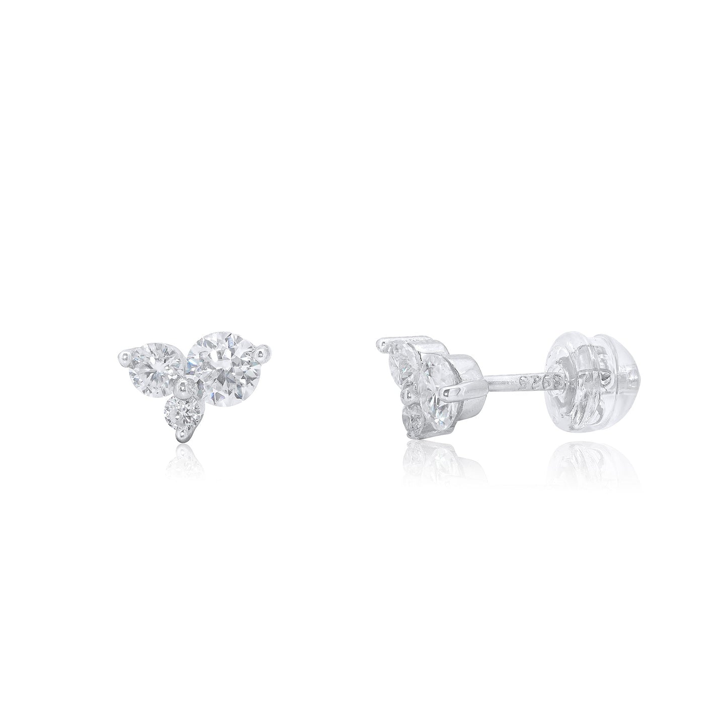 Rhodium Plated 925 Sterling Silver Triple Stone Cluster Moissanite Studded 7mm Stud Earring - MDGE00010