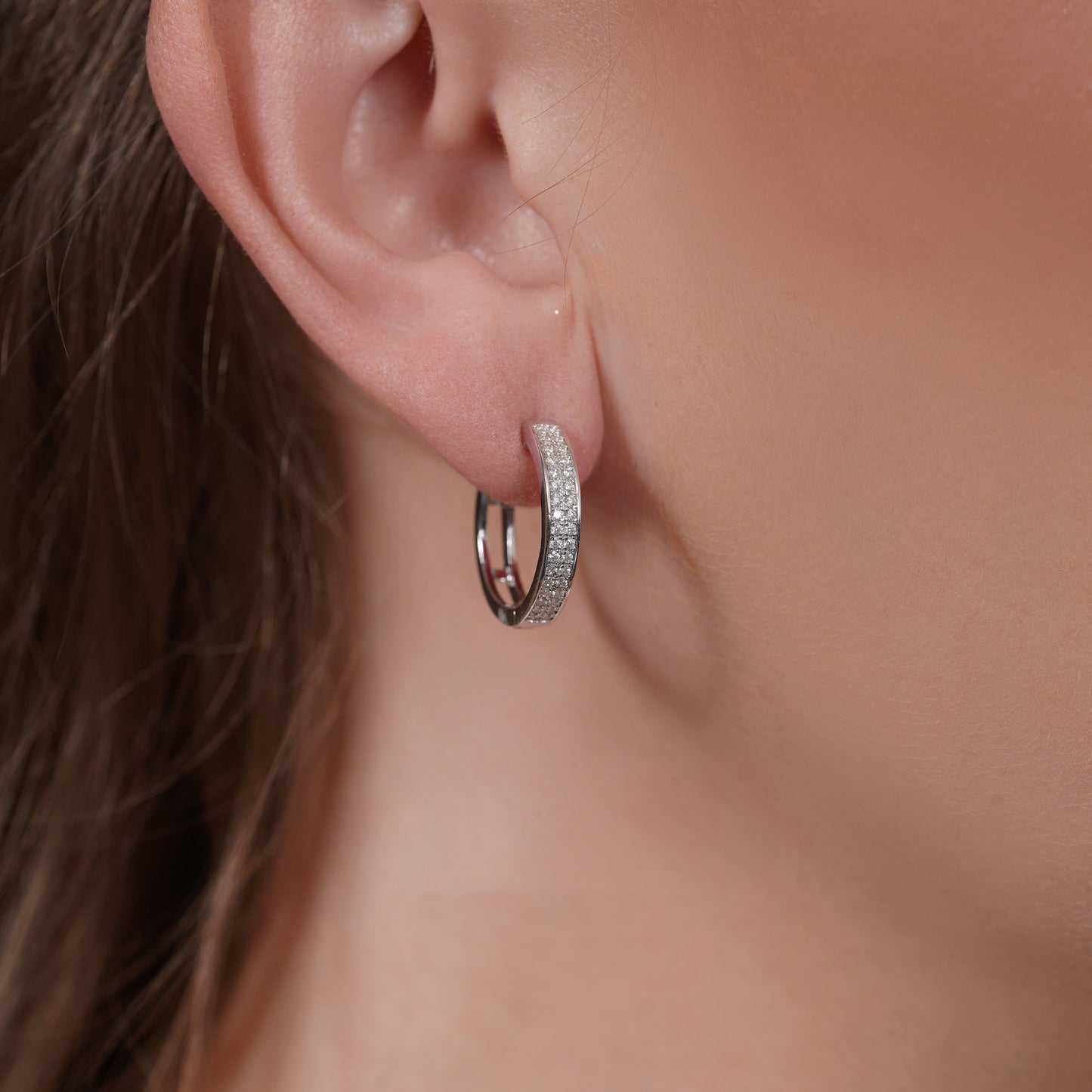 Rhodium Plated 925 Sterling Silver Huggie Moissanite Studded 14.5mm Hoop Earring - MDGE00004