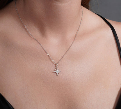 Rhodium Plated 925 Sterling Silver 14.5mm North Star Moissanite Studded Adjustable Pendant Necklace- MDGP00002