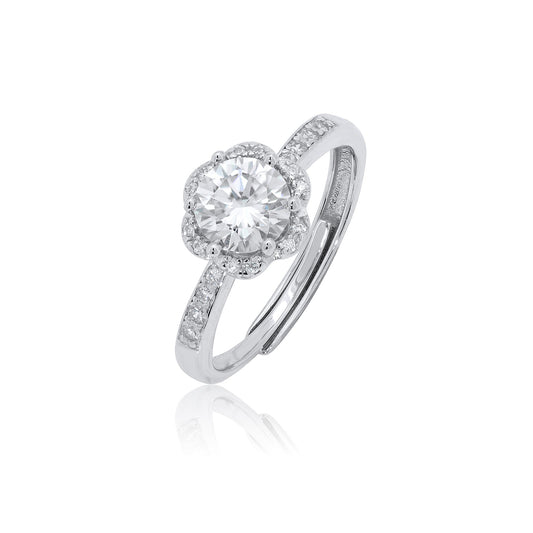 Rhodium Plated 925 Sterling Silver Floral Halo 9.2mm Moissanite Engagement Ring - MDGR00001