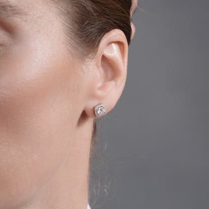 Rhodium Plated 925 Sterling Silver Halo Moissanite Studded 8mm Stud Earring - MDGE00007