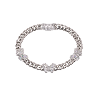 Rhodium Plated 925 Sterling Silver Moissanite Stone Multi Butterfly Cuban Link Bracelet - MGMB00114-7.25