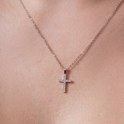 Rhodium Plated 925 Sterling Silver Moissanite Cross 9.6mm x 17.5mm Pendant - MGMN00020