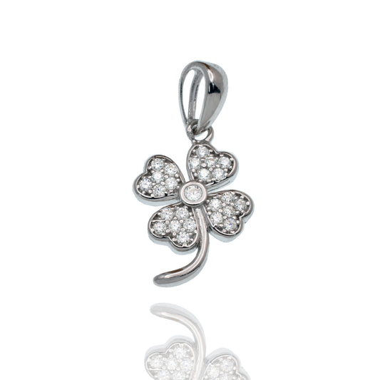 Rhodium Plated 925 Sterling Silver Moissanite Four Leaf Clover 9.6mm x 15mm Pendant - MGMN00024