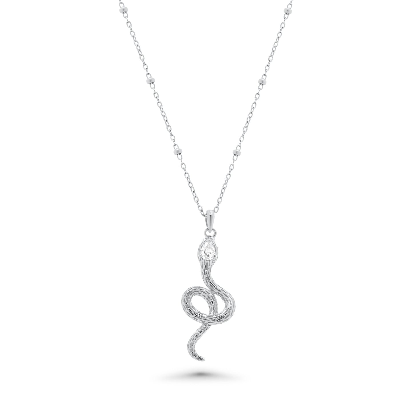 Rhodium Plated 925 Sterling Silver Moissanite Snake W/Bead Pendant Necklace - MGMN00026
