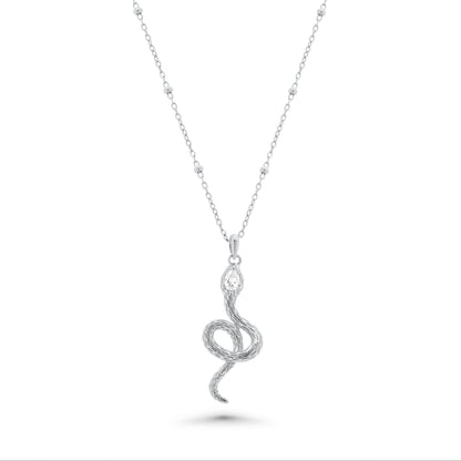 Rhodium Plated 925 Sterling Silver Moissanite Snake W/Bead Pendant Necklace - MGMN00026