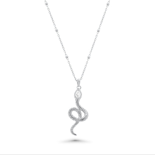 Rhodium Plated 925 Sterling Silver Moissanite Snake W/Bead Pendant Necklace - MGMN00026