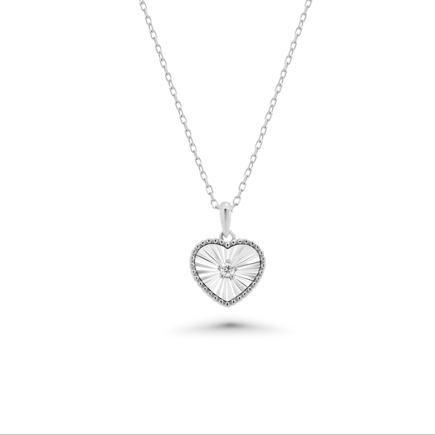 Rhodium Plated 925 Sterling Silver Flutted Heart  Moissanite Pendant Necklace - MGMN00027
