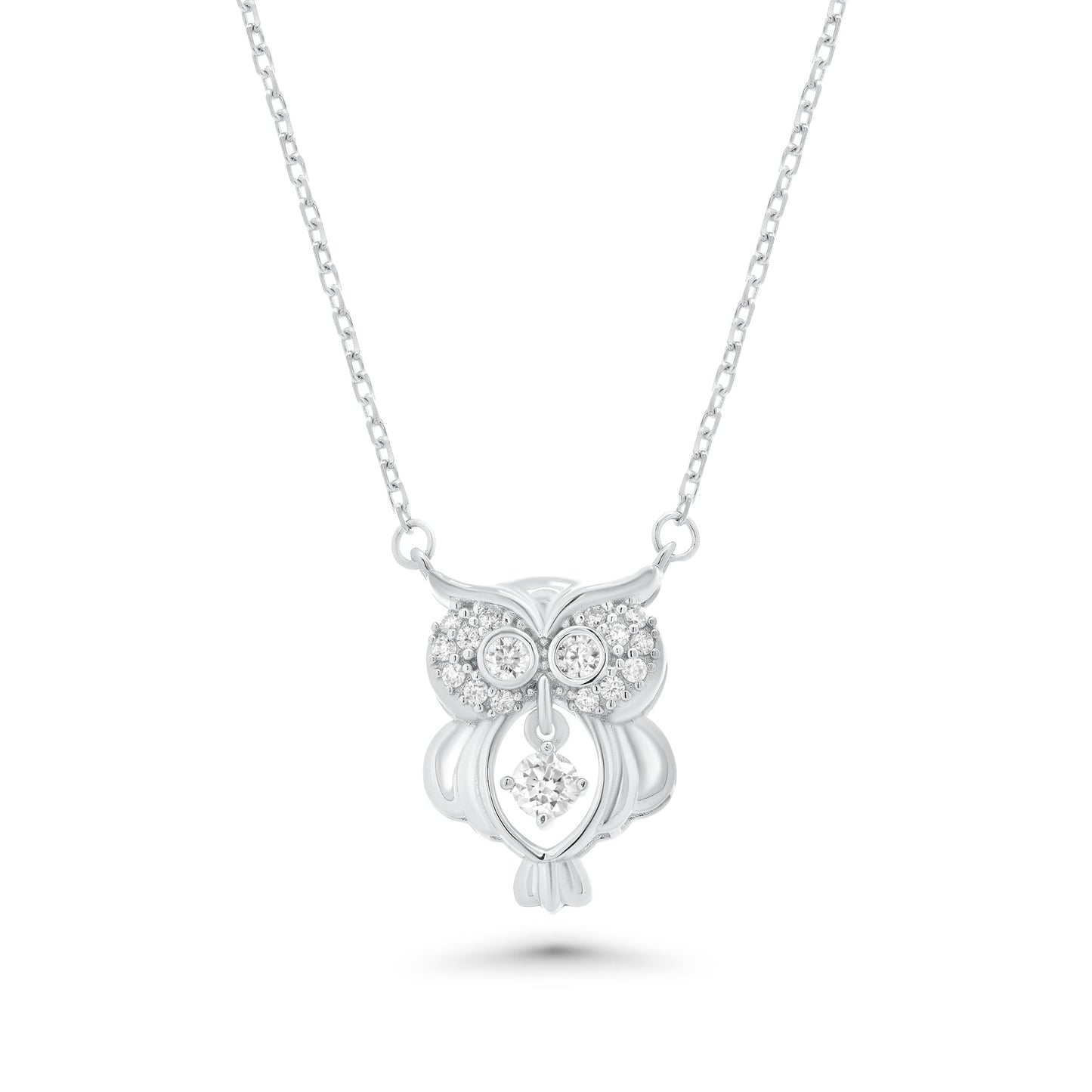Rhodium Plated 925 Sterling Silver Dancing  Moissanite Owl Pendant Necklace - MGMN00028