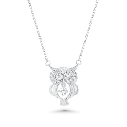 Rhodium Plated 925 Sterling Silver Dancing  Moissanite Owl Pendant Necklace - MGMN00028