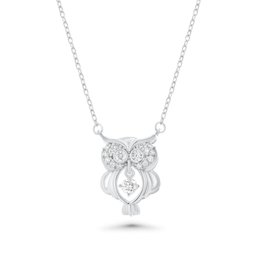 Rhodium Plated 925 Sterling Silver Dancing  Moissanite Owl Pendant Necklace - MGMN00028