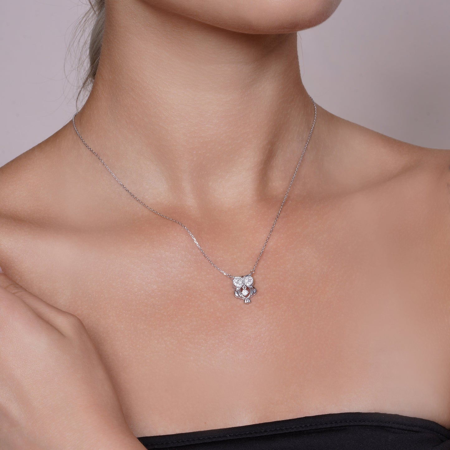 Rhodium Plated 925 Sterling Silver Dancing  Moissanite Owl Pendant Necklace - MGMN00028