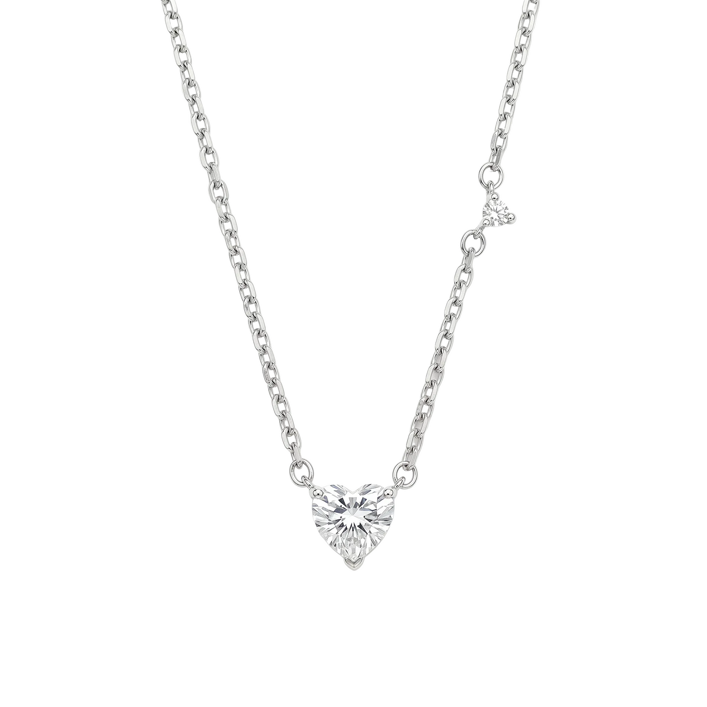 Rhodium Plated 925 Sterling Silver Moissanite Stone Heart with Side Stone Accent Necklace - MGMN00029
