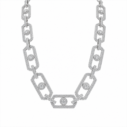 Rhodium Plated 925 Sterling Silver Moissanite Geometric Link Pave 11mm Necklace - MGMN00009
