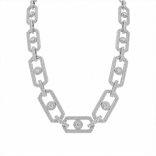 Rhodium Plated 925 Sterling Silver Moissanite Geometric Link Pave 11mm Necklace - MGMN00009