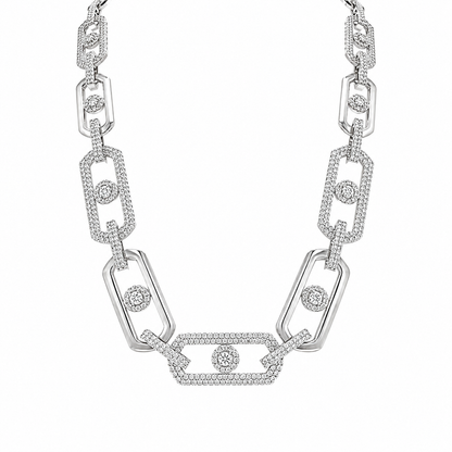 Rhodium Plated 925 Sterling Silver Moissanite Geometric Alternating Link Pave 13mm Necklace - MGMN00010