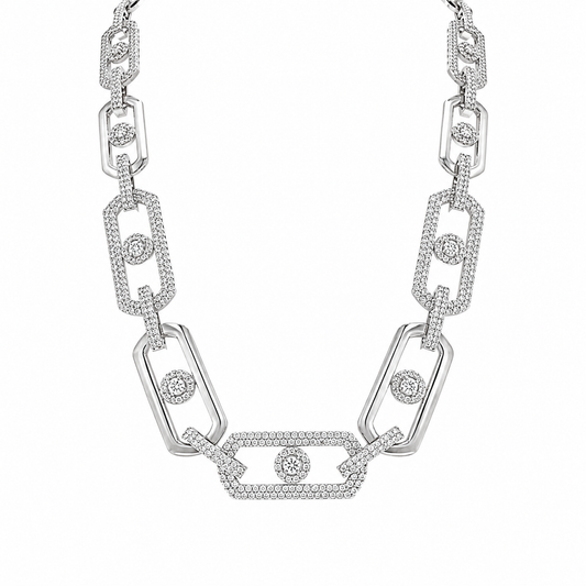 Rhodium Plated 925 Sterling Silver Moissanite Geometric Alternating Link Pave 13mm Necklace - MGMN00010