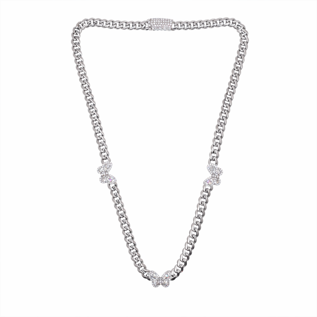 Rhodium Plated 925 Sterling Silver Moissanite Stone Multi Butterfly Cuban Link Necklace - MGMN00012-17