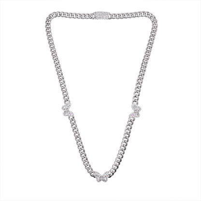 Rhodium Plated 925 Sterling Silver Moissanite Stone Multi Butterfly Cuban Link Necklace - MGMN00012-17